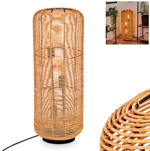 Lampadaire Mulstrand, lampe de sol moderne en métal/rotin noir/naturel, lampe au design boho avec abat-jour en grille, interrupteur on/off sur le câble et effet lumineux, 3 x E27, sans ampoules