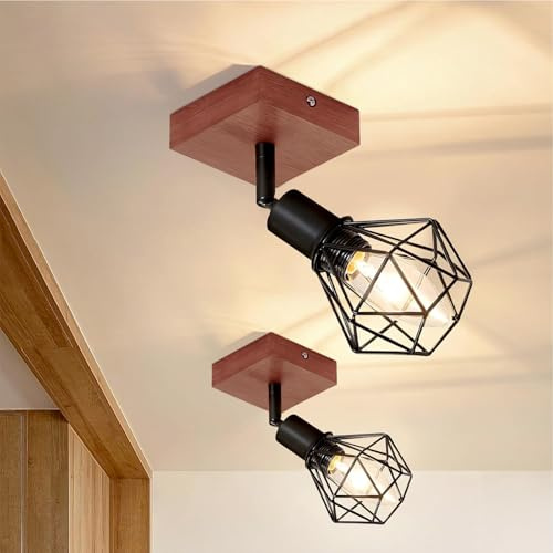 Glitzerlife Deckenstrahler 1 Flammig Schwarz Deckenspot Deckenlampe 2ER | Holz E14 Vintage Metall Schwenkbar 350° Innen Deckenleuchte MAX.40W für Flur Wohnzimmer Schlafzimmer Küche ohne Leuchtmittel