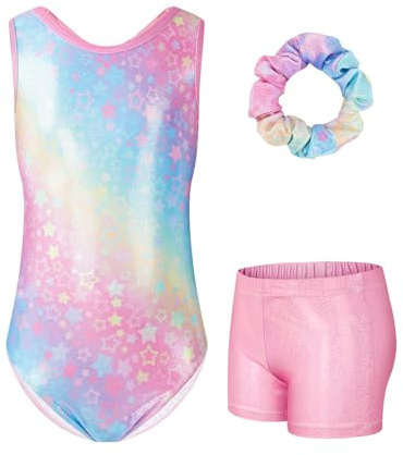 JiAmy Gymnastik trikåer för flickor med shorts, 3 st barn gymnastik atletisk dräkt, ärmlös balettdanskläder för barn 3-12 år, Rosa, Child