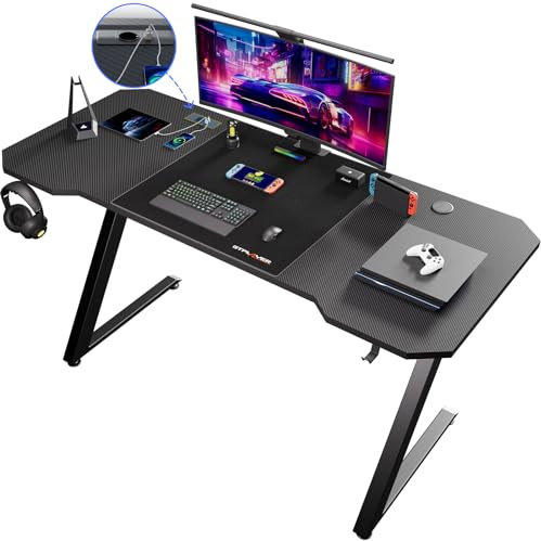 GTPLAYER Gaming Tisch, Gaming Schreibtisch 120 x 60, PC Tisch Gamer Tisch mit Steckdose, Stabiler Computertisch mit Kopfhörerhaken