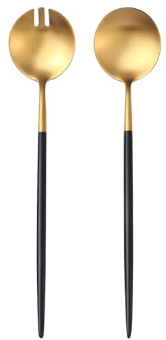 Lemeya Black Gold Salad Serving Utensils, Stainless Steel Spoons, 2Pcs Long Handle Servers 11.42 Inch, Matte Finish, Dishwasher Safe