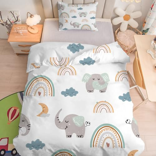 Linfye Kinderbettwäsche 100x135 cm Baby Bettwäsche Set Regenbogenelefant Weich Bettbezug 2 Teilig mit Reißverschluss - Junge, Mädchen Kinder Bettbezüge 100 x 135 cm + 1 Kissenbezug 40x60 cm