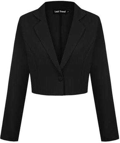 LADI TREND Blazer corto para mujer, con un botón, solapa con muescas, casual, elegante, clásico, manga larga, traje de trabajo con solapa, B-negro, L