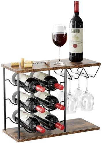 Nuovoware Wine Racks Countertop, Wine Bottle Holder for 6 Bottles & 4 Glasses Holder, Metal Wine Storage Organizer for Kitchen, Bar, Table, Cabinet, Wine Cellar, Wooden
