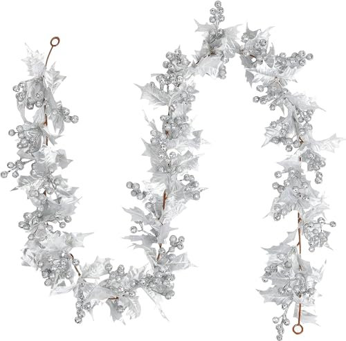 LATERN Silver Berry Christmas Garland, 175CM Flexible Artificial Berry Garland with Silver Glitter Berries and Holly Leaves for Christmas Winter Holiday New Year Fireplace Door Tree Decoration