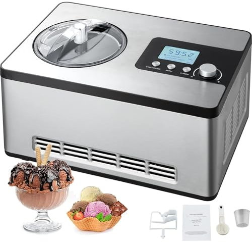 MAHWER Máquina for Hacer Helados con compresor Incorporado, máquina for Hacer Yogur de Frutas sin precongelación de 2 l, máquina for Hacer sorbetes eléctrica de Acero Inoxidable, 3 Modos