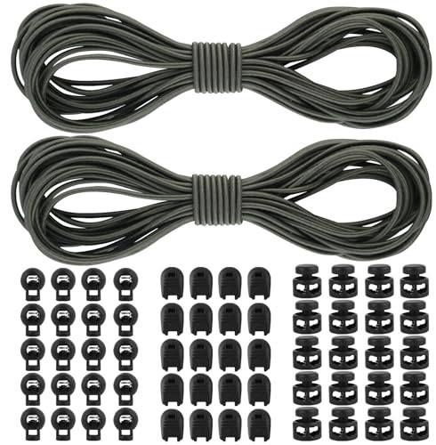 AILUYA 2 Stück 10m Elastische Gummischnur 3mm, Rund Gummikordel 3mm mit Kordelstopper 2 Loch, Einzelloch Kordelstopper und Kordelklemme, Gummiseil für Rucksäcke, Kleidung, Schnürsenkel (Dunkelgrün)