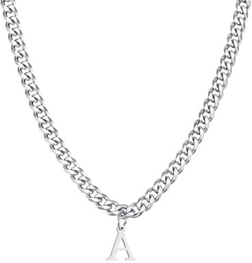 Dsnyu Kettenanhänger Buchstabe, Silver Necklace Long Edelstahl Halskette mit Anhänger Buchstabe A Herren Schmuck