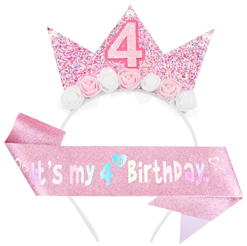 DRESHOW Diadema de Cumpleaños Corona de Cumpleaños para Niñas con Flores Rosas Corona de Cumpleaños Rosa y Banda de Purpurina