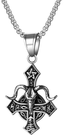 JewelryWe Herren Damen Satanische Halskette Edelstahl Umgekehrt Upside Down Kreuz Ziege Kopf Leviathan Kreuz Siegel Von Luzifer Anhänger Kette Satanismus Satan Schmuck