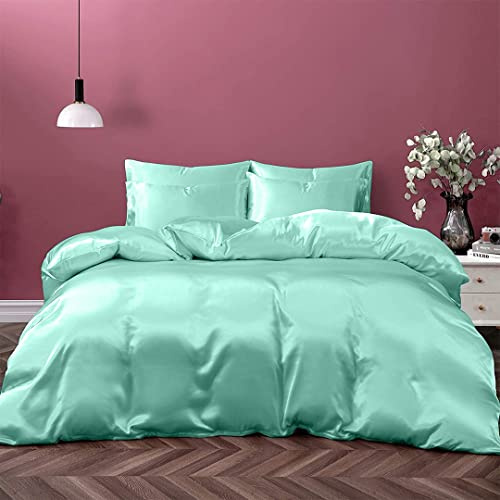 Aqual Blue Satin, (Super King Plus 120x120) Inch, Luxury Satin Duvet Cover - Soft Satin 3- Pcs Luxury Silky Sheets, Silk-Like Smooth and Wrinkle Resistant, Zipper Closure, Women's Gift,