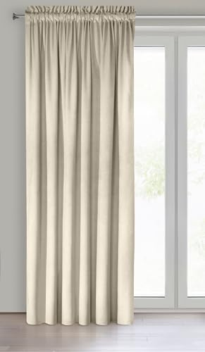 Eurofirany Melanie Vorhang Samt Velvet Kräuselband -1 STK. Weich Edel Gardine 200g/m² Elegant Glatt Einfarbig Flauschig Modern Klassisch Wohnzimmer Schlafzimmer, 140x270 cm, Creme
