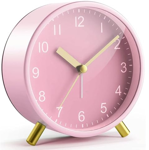 Bailinks Silent Analog Alarm Clock with Night Light, Non-Ticking Battery Operated Round Desk Clock for Bedroom, Office, Kids, Simple Classic Design, Ideal for Heavy Sleepers,4.5 inches (Pink)