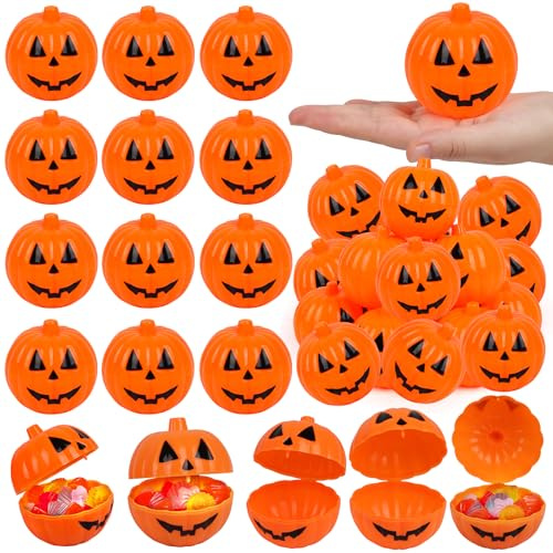 FOIMAS Caja de dulces de calabaza de Halloween, 36 piezas de mini contenedor de calabaza de plástico rellenable para decoración de fiesta de Halloween
