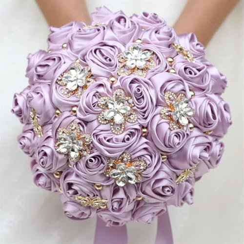 Wjnvfioo Ramo de rosas de diamantes de imitación para novia, ramos de cristal, flores artificiales de satén, color lila y morado