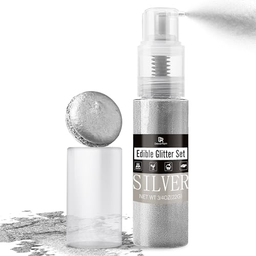 Glitter Commestibili Spray 22g, Coloranti Alimentari in Polvere, Brillantini Commestibili per Torte, Macarons, Fondente, Cupcake, Bevande, Cocktail, Dolci, Pasticcerie e Decorazioni Culinarie(Argento)