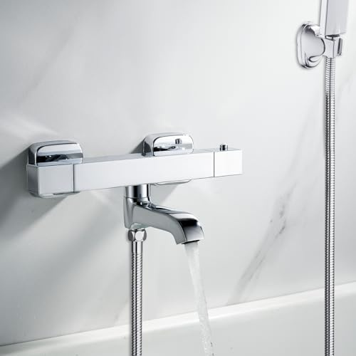 Thermostat Duscharmatur mit 2 Funktion für Bad Badewanne und Dusche Handbrause Duschsystem, KEOKBON Aufputz Duschthermostat Armatur Eckig mit 38 °C Sicherheitstaste und Messing-Mischerventil, Chrom