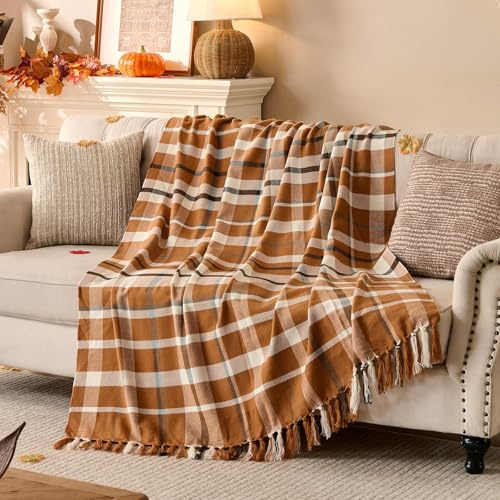 Lanpn Fall Plaid Throw Blanket, Cozy Soft Checked Blankets for Couch Sofa Bed, Decorative Acrylic Throws with Fringe, Picnic Cashmere Like Shawl, Autumn Thanksgiving Home Decor Gift, 130x150, Khaki