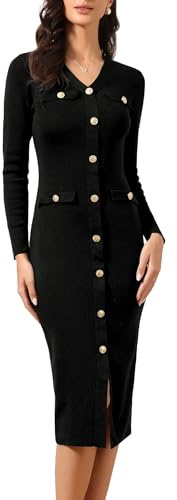 Allegra K Vestido Ajustado para Mujer De Punto Tipo Suéter Cuello En V Manga Larga con Botones Decorativos Vestido Midi Dobladillo Dividido Negro XS