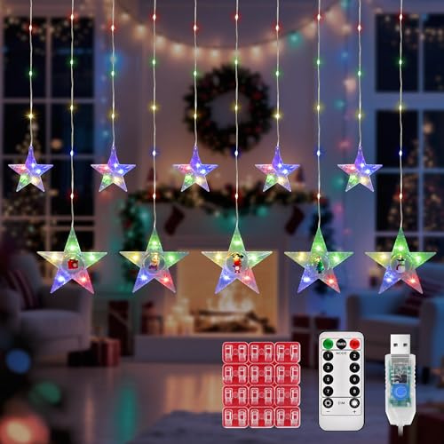 DazSpirit 10 Luci per Tende a Stella, 3m 90 LED Tenda Stelle Natale, con ganci, Telecomando 8 modalità, USB, timer, Stelle Luci Natalizie per Vetrine per Natale, decorazioni per feste (Colore)