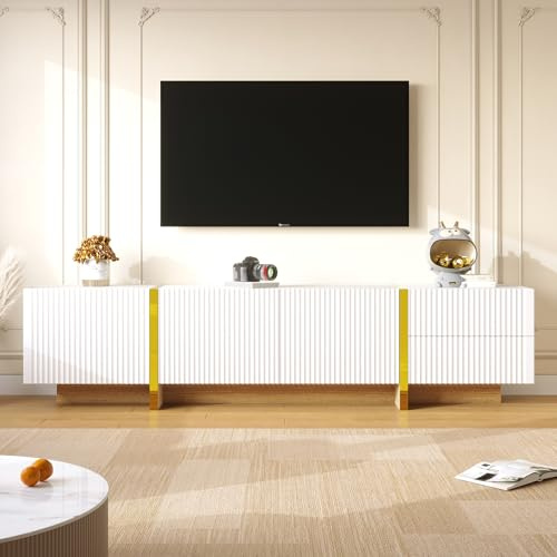 A ALFRESCOOL 190cm TV Schrank mit 2 Schubladen und 2 Schranktüren, TV Bank TV Lowboard TV Table TV Sideboard TV Cabinet TV Regal für das Wohnzimmer Fernseher bis 80 Zoll, Gold