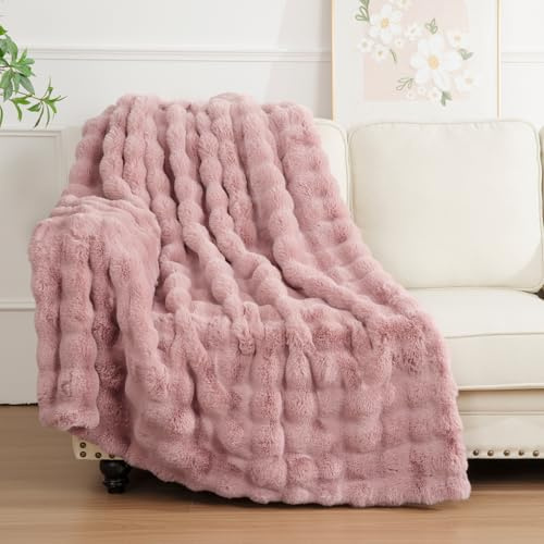 Enyhom Bubble Decke 127x152 cm Rosa, Kaninchen Fellimitat Flauschig Weiche Warme Kuscheldecke, Sofadecke für Sofa Couch Bett Haustier Schlafzimmer Wohnzimmer Deko