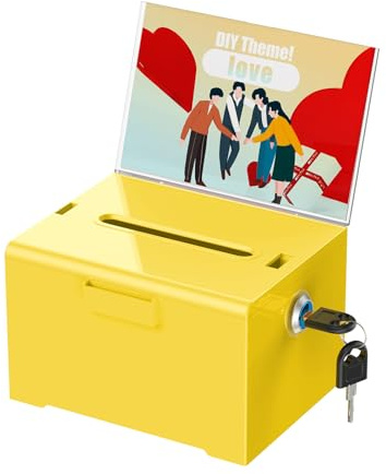 Uniclife gelbe Acryl-Spendenbox mit Schloss & Schlitz, 16 x 12,7 x 10 cm | Wahlurne mit Schilderhalter; Vorschlagsbox, Trinkgeldglas, Geldkassette für Fundraising, Tombola, Abstimmungen