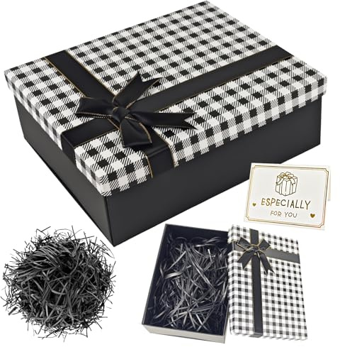 YIMETOP Geschenkbox mit Deckel, 25 x 18 x 9 cm Geschenk Box Karton Groß mit Schleife Grußkarte und Bast, Faltbare Geschenkverpackung Box für Geburtstag Hochzeit Weihnachten, Valentinstag (Schwarz)