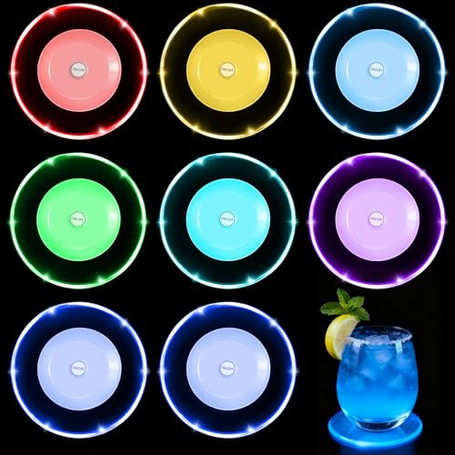 8 Stück Bunt LED Untersetzer mit 7 Lichtmodi, Rund wasserdichte Leuchtuntersetzer, Getränke Untersetzer Leuchtende für Gläser Flaschen Partys Hochzeiten Bar Weihnachten, ON/Off Taste