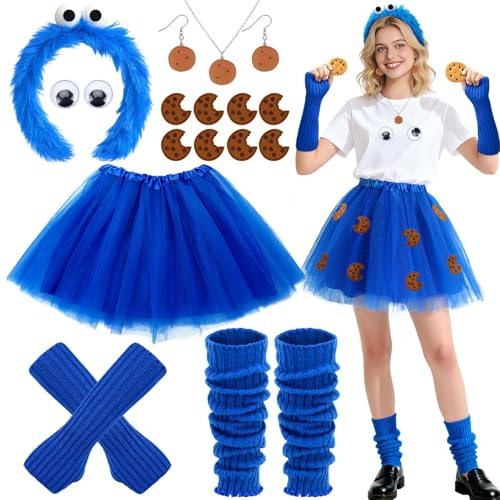 BOARDFEB Krümelmonster Kostüm Damen, Karneval Kostüm Krümelmonster Damen Faschingskostüm Krümelmonster Accessoires Cookie Monster Kostüm für Karneval Fasching Mottoparty