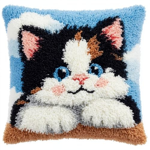 WallustrioaW Knüpfkissen Set Katze 43X43Cm Knüpfkissen Set Für Anfänger Erwachsene Zum Selber Knüpfen,Diy Knüpfteppich Knüpfpackung