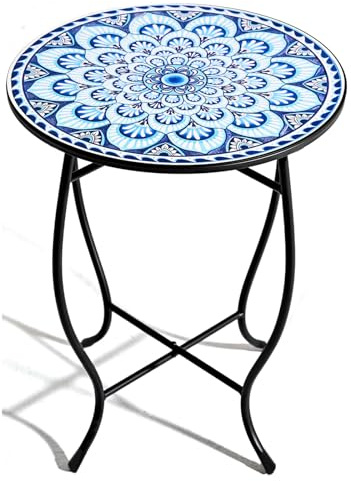 homelikesport Mosaiktisch Rund, Kleiner Balkontisch Wetterfest, Beistelltisch Outdoor für Garten, Balkon & Wohnzimmer, 35,5x35,5x52 cm (Blau)
