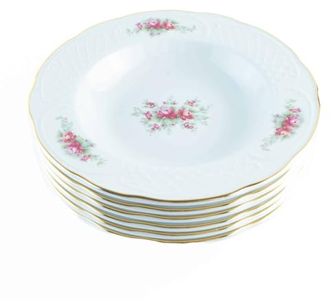 FranquiHOgar Juego de Platos Hondos de Porcelana Blanca (6 piezas) Bidasoa Irina, Motivos Florales con Filo de Oro, Elegante para Cenas, Excelente como Regalo