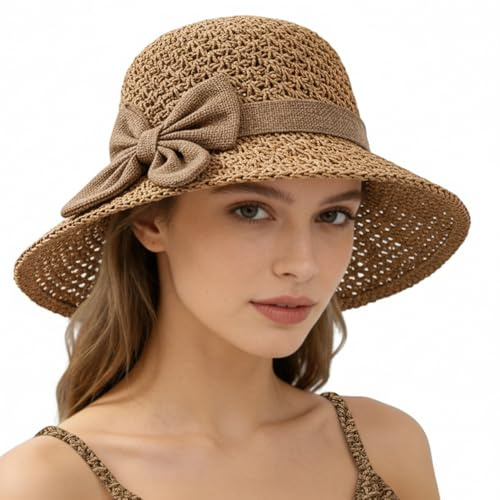 Sonnenhut Damen, 2026 Neu UV-Schutz Strandhut mit Breite Krempe, Bowknot Strohhüte Sommerhut Strohhut Damen mit Verstellbares Windfestes Seil Faltbarer Sommerhut für Strand, Urlaub, Reisen (Braun)