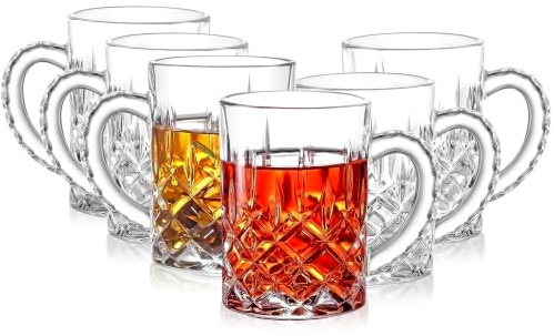 Royal Cuisine Crystal Cut Turkish Tea Cups with Handle, 280ml, 6 Pieces | Glass Tea Glasses Set, For Hot & Cold Drinks, Coffee Mugs, Tea Party Gift Set