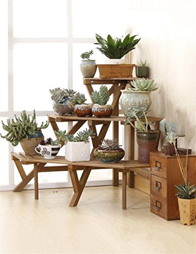 flor de madera maciza 3 - Nivel de madera maciza Esquina Escalera Flwoer Pot estante Flower Rack Planta Pot Holder Asamblea Flower Pot estante Decorativo estante balcones de hierro