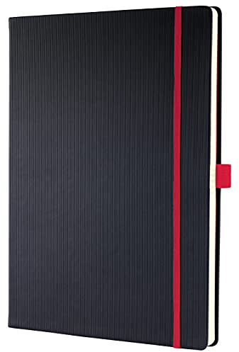 Sigel CO660 Notizbuch A4 kariert schwarz rot, Hardcover, 194 nummerierte Seiten, nachhaltiges Papier, mit Inhaltsverzeichnis, Stiftschlaufe, Falttasche, Gummibandverschluss, Conceptum