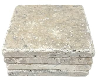 Untersetzer aus Travertin mit fossilen Untersetzern, Stein-Untersetzer, Tropfstein, 4 Stück, Beige, 10,2 x 10,2 cm