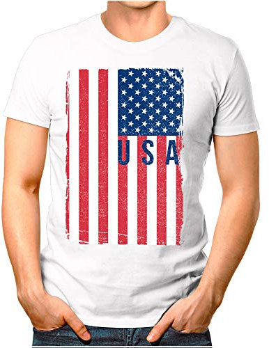 OM3® - USA-flagga vintage – herr t-shirt | USA flagga fotboll fotboll fanshirt sport tröja | S – 4XL, Vit, L