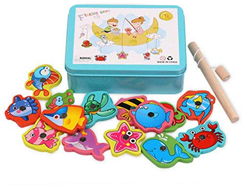 Enzege Angelspiel, magnetisch, Angelspiel, für Kleinkinder – enthält 15 Verschiedene Fische, 1 Rute, Puzzles aus Holz