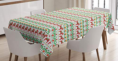ABAKUHAUS Volkskunst Tischdecke, Blumen Schwede Dala Pferd, Inn und Outdoor Bereich geeignet Waschbar Druck Klare Farben Kein Verblassen, 140 x 200 cm, Grün Zinnoberrot