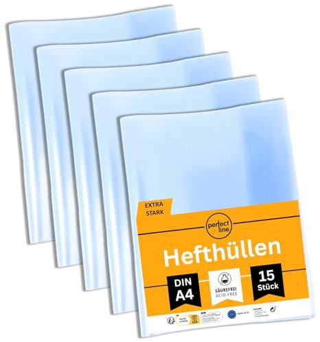 perfect line - 15 Hefthüllen DIN A4 – glasklar & extra stark – transparente Heftumschläge aus recycelbarem PP, dokumentenecht, säurefrei, langlebig & nachhaltig – Heftschoner für Schule & Büro