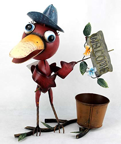 Decohouse - MACETERO Original Pajaro Welcome Rojo - Soporte Flores Plantas Divertido Jardin Metal - 36x29x47 cm - Regalo Original y Barato