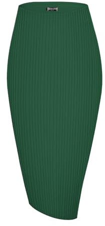 Urban CoCo Women's High Waist Stretch Ribbed Knit Pencil Skirt Midi Length with Side Slit Office Work Bodycon Style, Dark Green, M