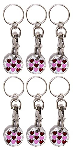 Craft 4 You Pack of 6 x Shopping Trolley Token UK Keyring £1 Coin Shape Pound Tokens Key Ring for Supermarkets Locker Gym (6 x Pink Hearts)
