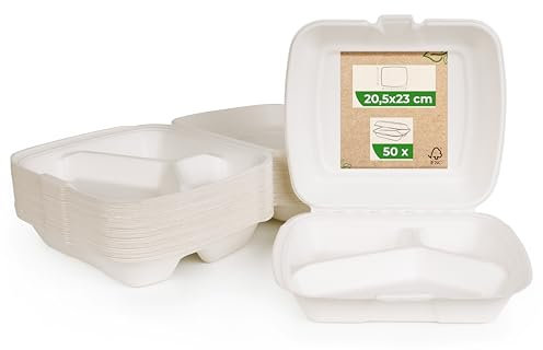 Love Nature Boîte Menu Écologique 3 Divisée 50 Pièces - Vaisselle Jetable Canne à Sucre - Boîte Menu Jetable - Emballage à Emporter - Emballage Alimentaire à Emporter