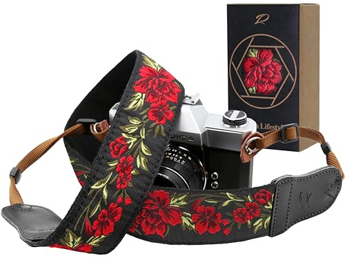 Correa para cámara de flores de rosa, 2 pulgadas de ancho con cabeza de vaca de doble capa, correa de cuello ajustable para todas las cámaras réflex digitales, el mejor regalo para fotógrafos