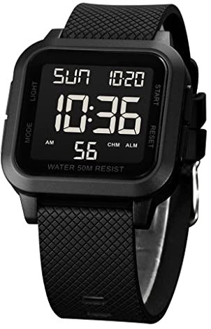 zolohoni Square Men's Digital Watch Big Numbers Dial Large Face Waterproof LED Watches with Alarm Date Stopwatch, Black, Modern