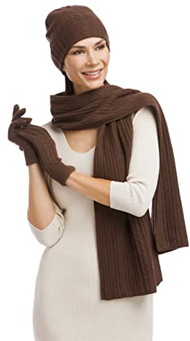 Fishers Finery Women's 100% Pure Cashmere 3pc Cable Knit Set; Warm Scarf, Hat and Gloves Set with Gift Box (Brown)