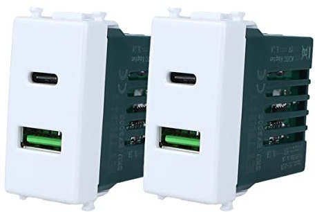2 Stück Steckdose 2 Ausgänge USB Typ A + USB Typ C, Wandmontage, 3,1 A, Schnellladung, kompatibel mit Vimar Plana, nimmt 1 Modul